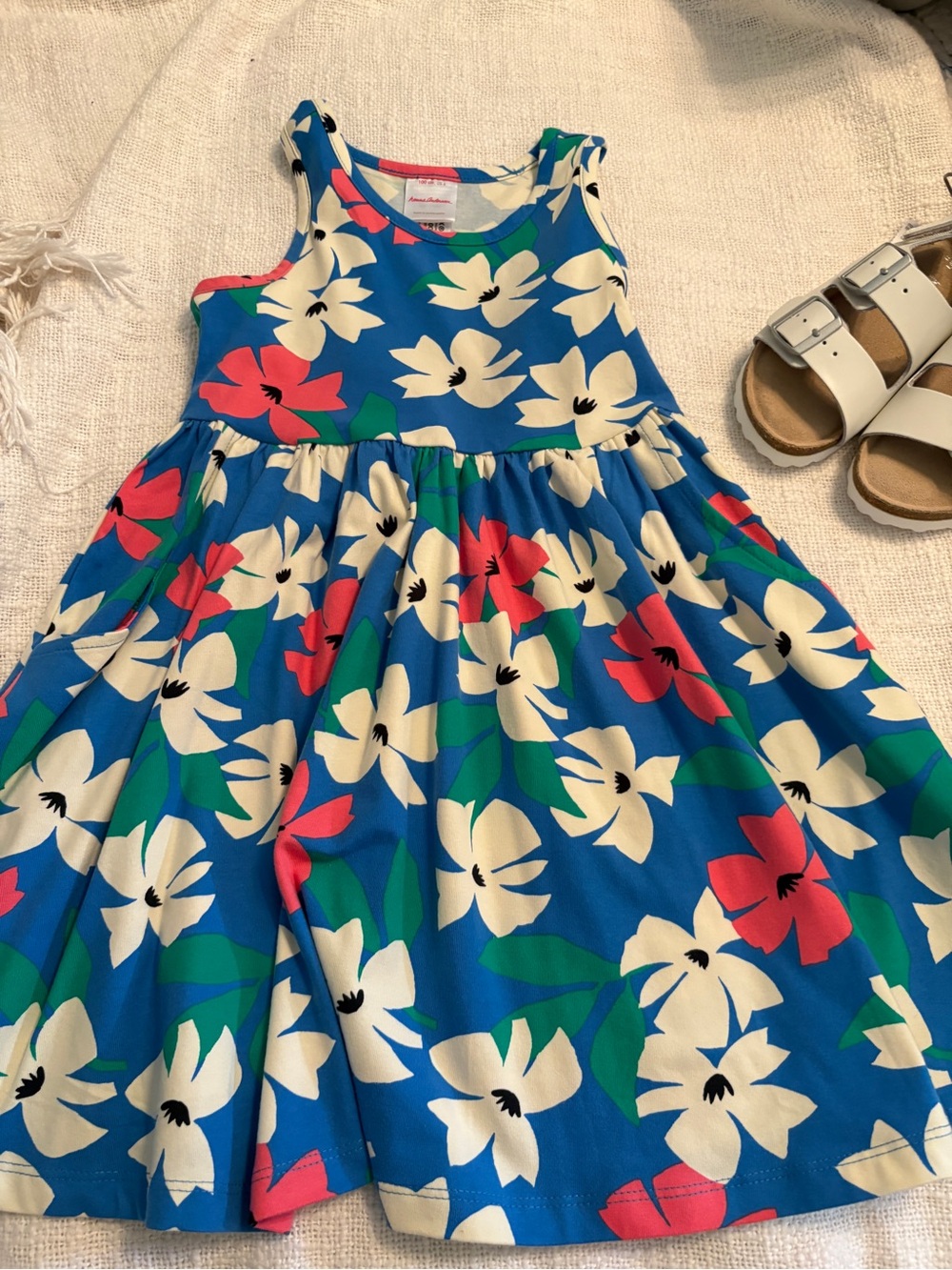 Girls Blue Floral Tank Dress by Hanna Andersson size 4 with pockets